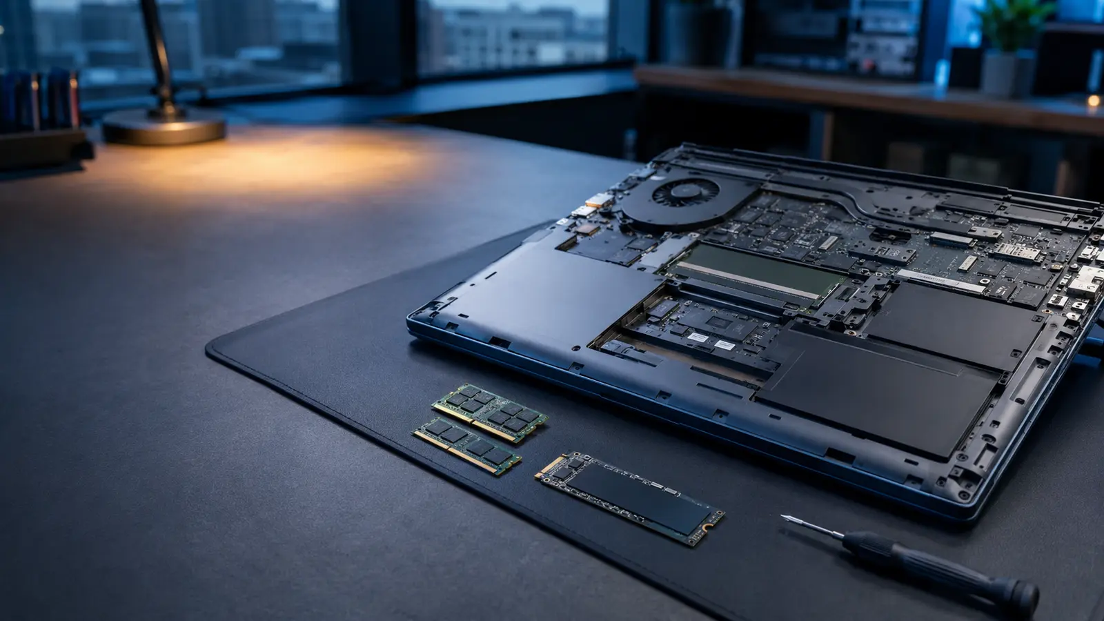 Techniker rüstet einen Laptop mit SSD und Arbeitsspeicher auf