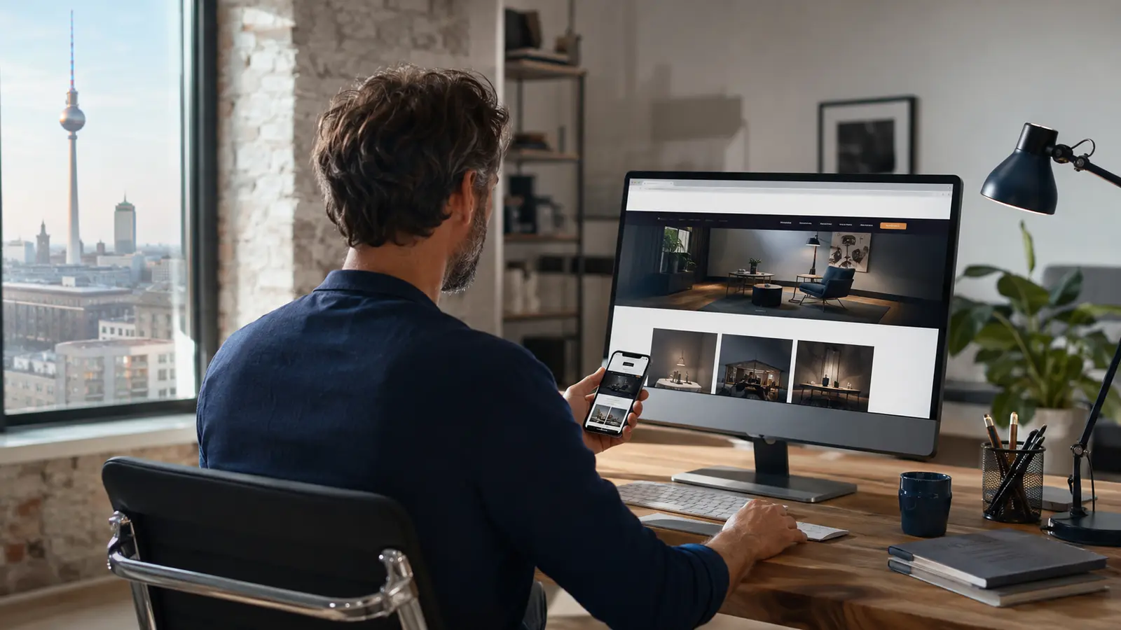 Unternehmer betrachtet eine moderne Website auf Desktop-Computer und Smartphone